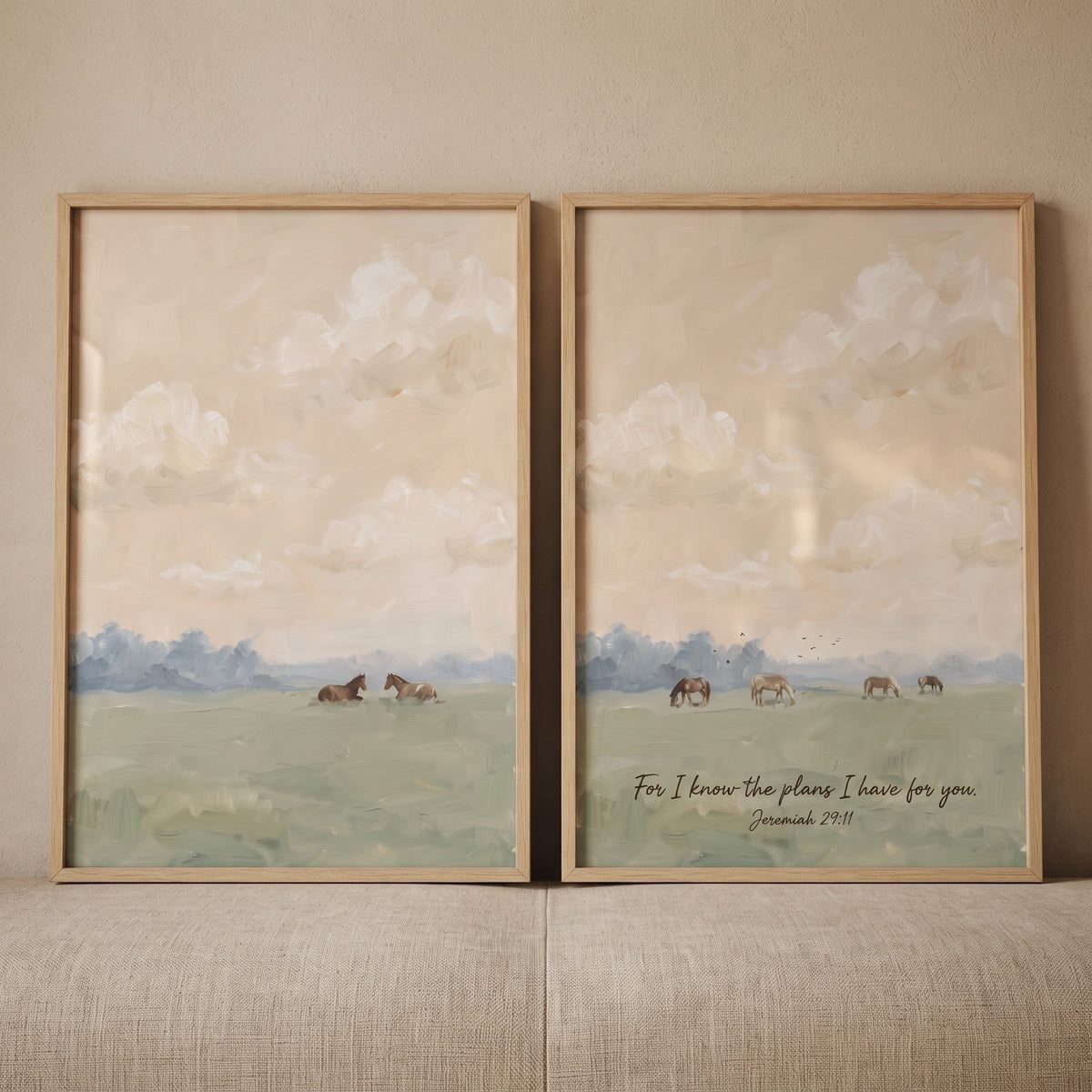 Traditionalist sage pasture horses wall art set of 2 depicts soft fields with horses and scripture in light wood frames.
