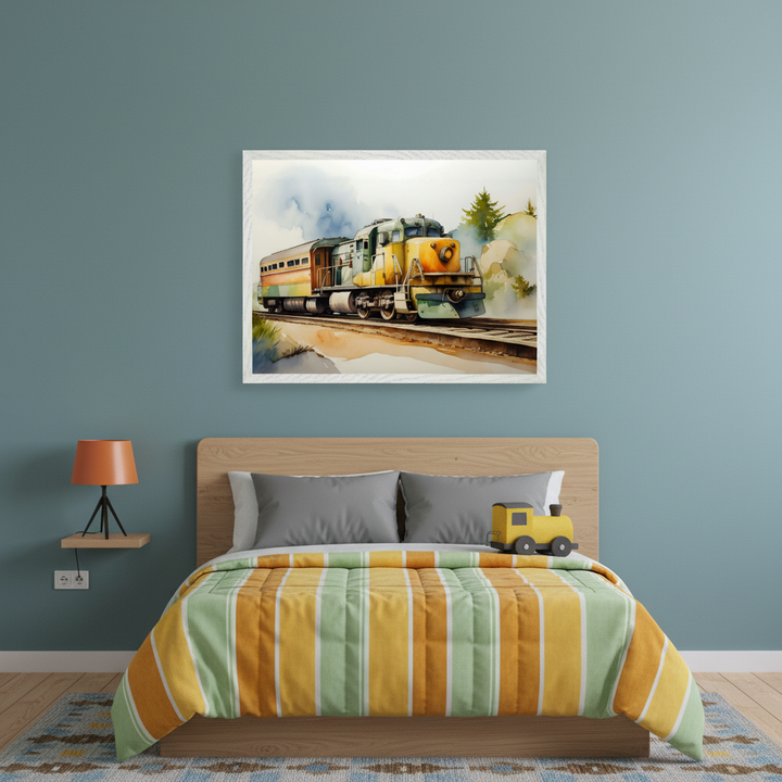 Kid's bedroom with a wooden bed, gray pillows, and a striped green and yellow comforter. A floating shelf with an orange lamp is on the left. Centered above the bed is a framed watercolor painting of a colorful train on tracks, against a light blue wall.