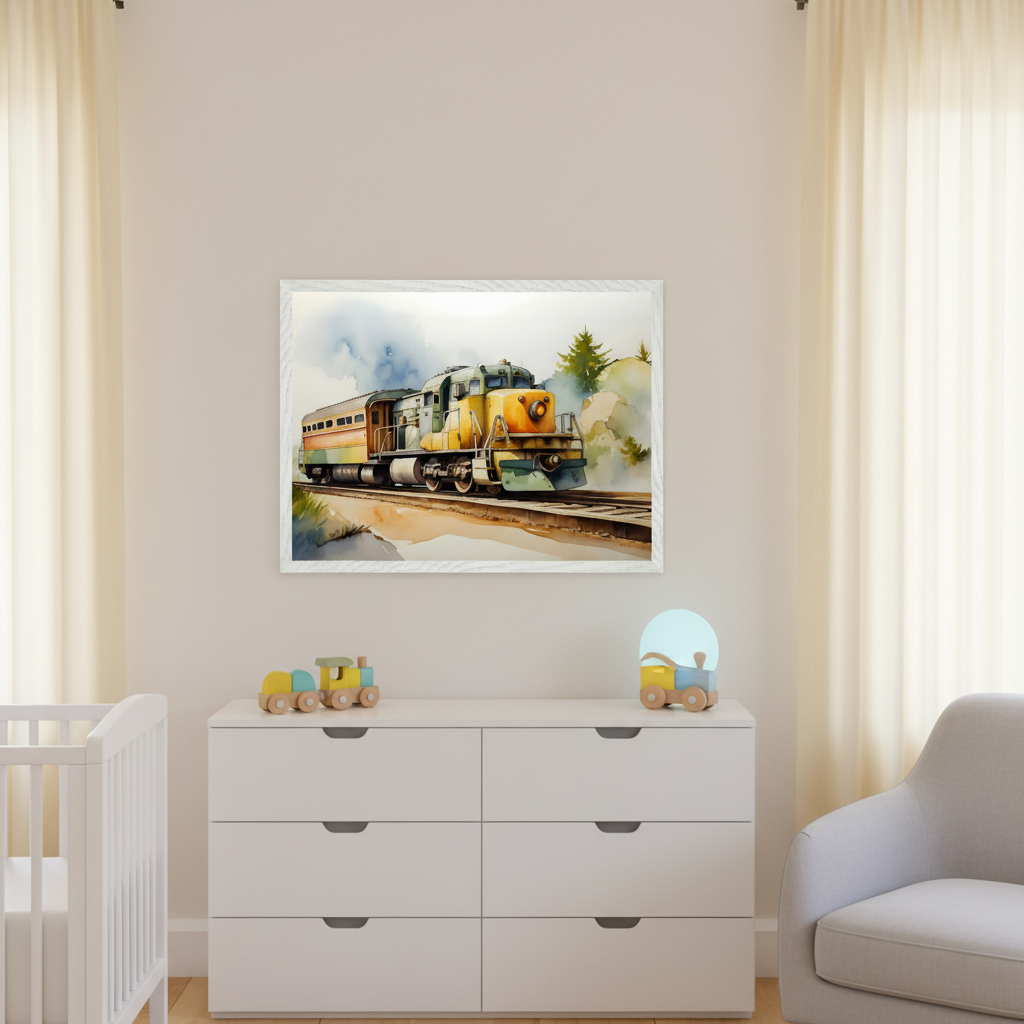 Modern nursery with a white crib on the left, a white dresser, and a light gray armchair on the right. A framed watercolor painting of a yellow and green train on tracks with trees and sky hangs centered above the dresser.