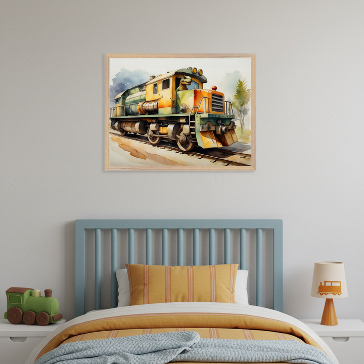 Kid's bedroom with a blue slatted headboard bed and yellow bedding. Above the bed hangs a framed watercolor painting of a green and yellow train with a dinosaur driver. White nightstands hold a plush train toy and a train-themed lamp.