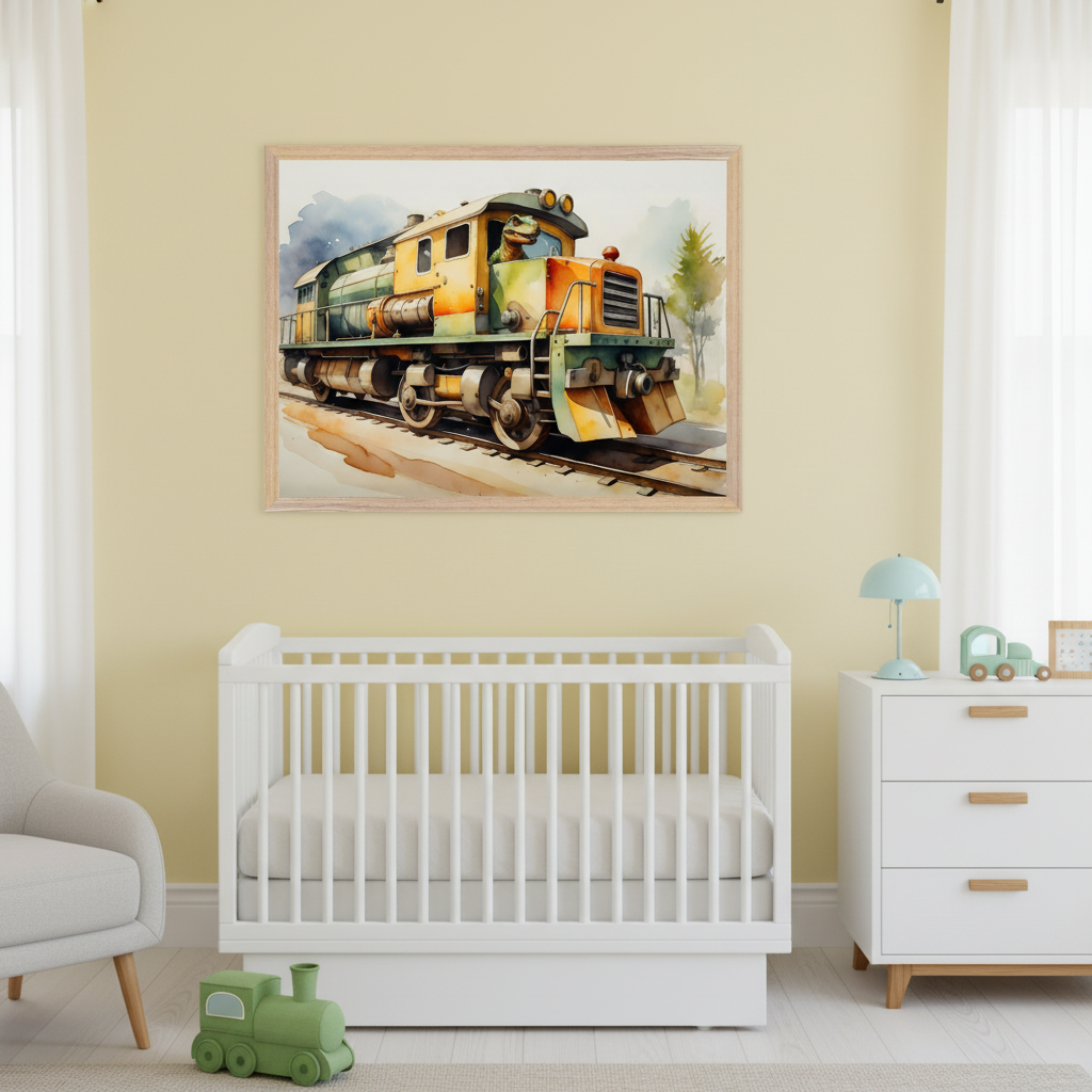 Modern nursery with light yellow walls. A large framed watercolor painting of a green and orange train with a dinosaur driver is centered above a white crib. A white dresser, gray armchair, and green toy train are visible.