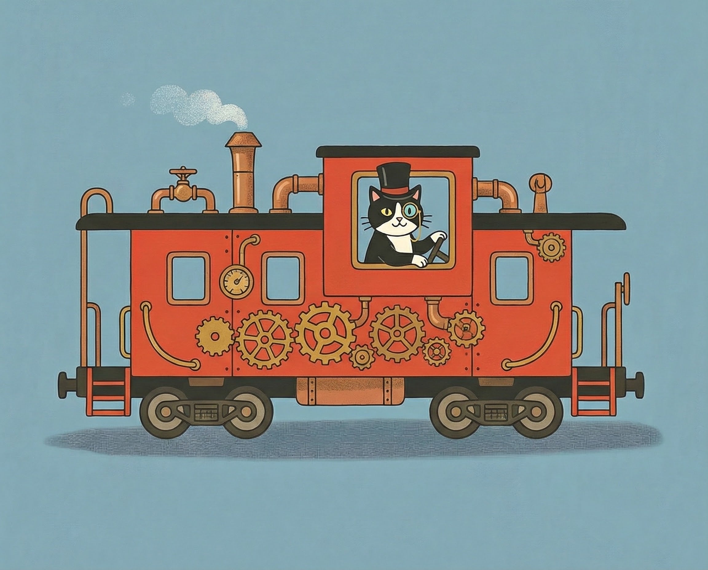 A black and white cat in a top hat drives a bright red steampunk-style train with exposed gears and copper pipes, creating a blend of vintage adventure and animal whimsy that appeals to both kids and adults.