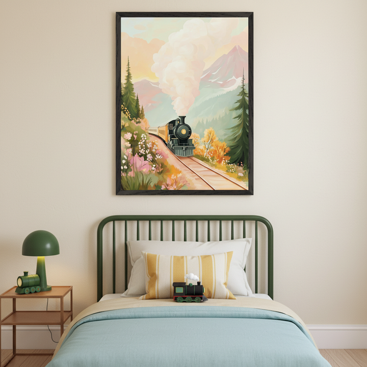 Kid's bedroom with a green metal bed and wooden nightstand. A large black-framed illustration of a steam train in a colorful mountainous landscape with flowers and trees hangs centered above the bed.