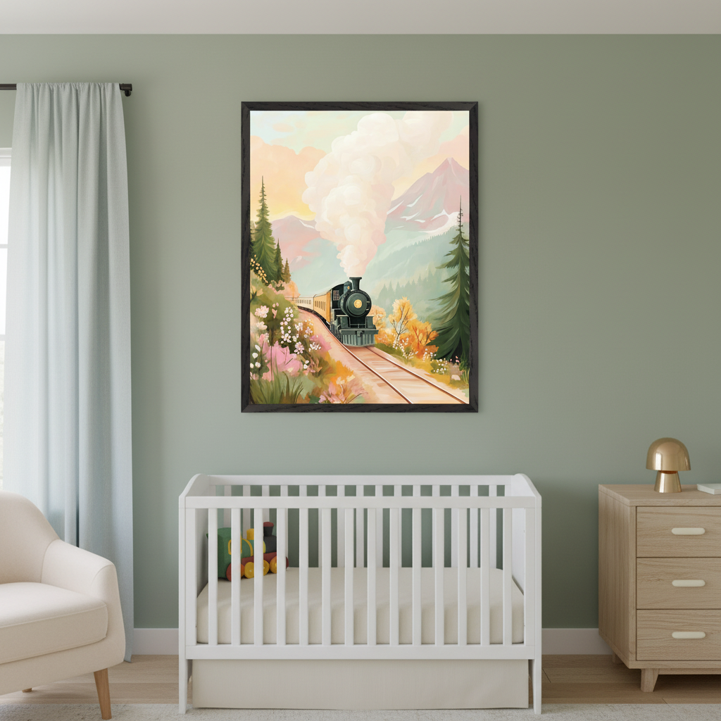 Modern nursery with a sage green wall. A framed illustration of a dark green train on tracks in a vibrant, mountainous landscape with trees and flowers hangs centered above a white crib. A wood dresser and cream armchair are also visible.