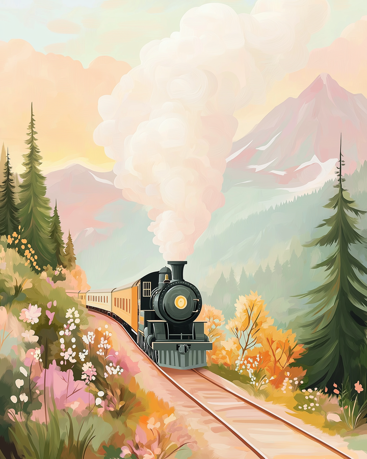 A vintage steam locomotive travels through a scenic mountain landscape, surrounded by colorful wildflowers and tall pine trees. The sky is painted with soft pastel hues, and a majestic mountain looms in the background, creating a serene and picturesque setting.