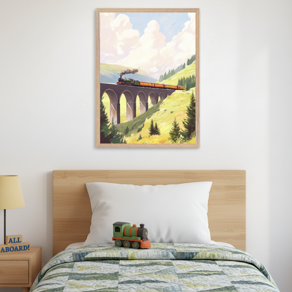 Kid's bedroom with a wooden bed and bedside table. A large framed illustration of a green and orange train on a viaduct in a green valley under a cloudy sky hangs above the bed. A toy train is on the bed and "ALL ABOARD!" blocks are on the table.
