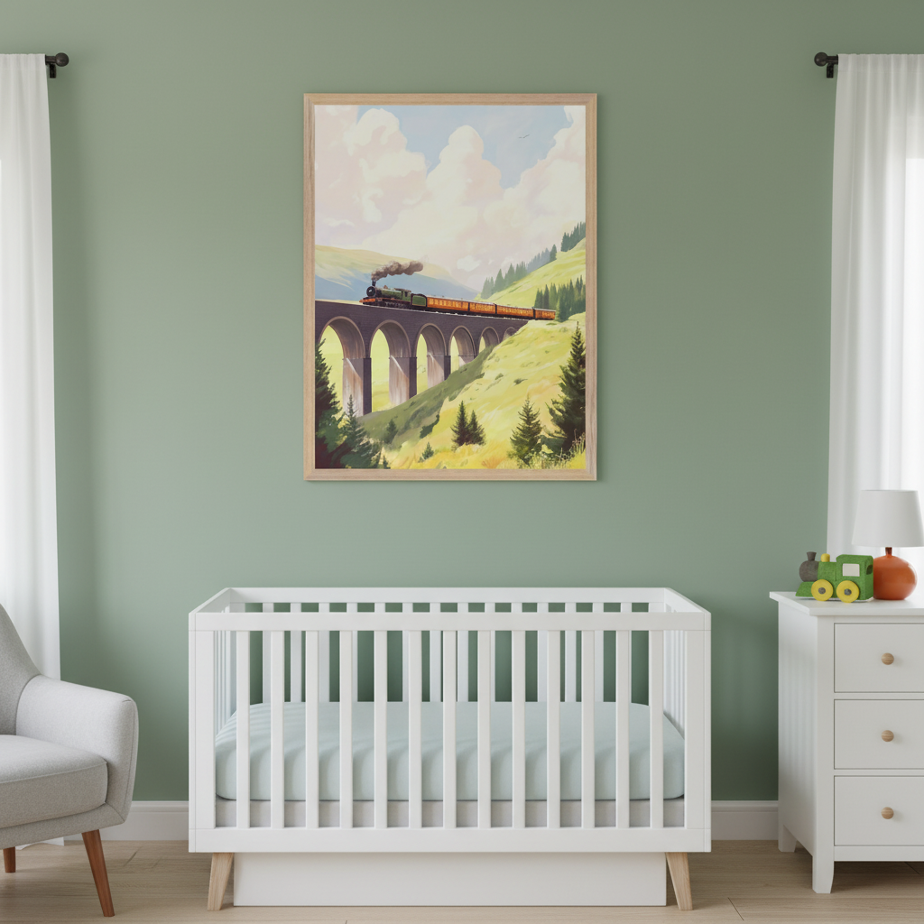 Modern nursery with a white crib, white dresser, and gray armchair. A framed illustration of a green steam train on a stone viaduct in a green, hilly landscape hangs centered above the crib.