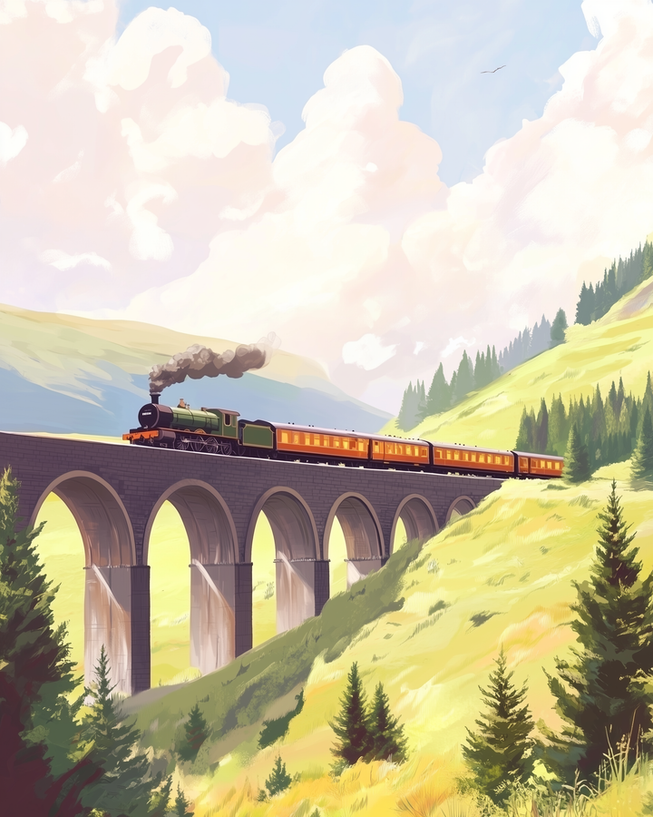A vintage steam train with a green engine and orange carriages crosses a majestic stone viaduct, set against a backdrop of rolling hills and pine trees under a sky filled with fluffy clouds.