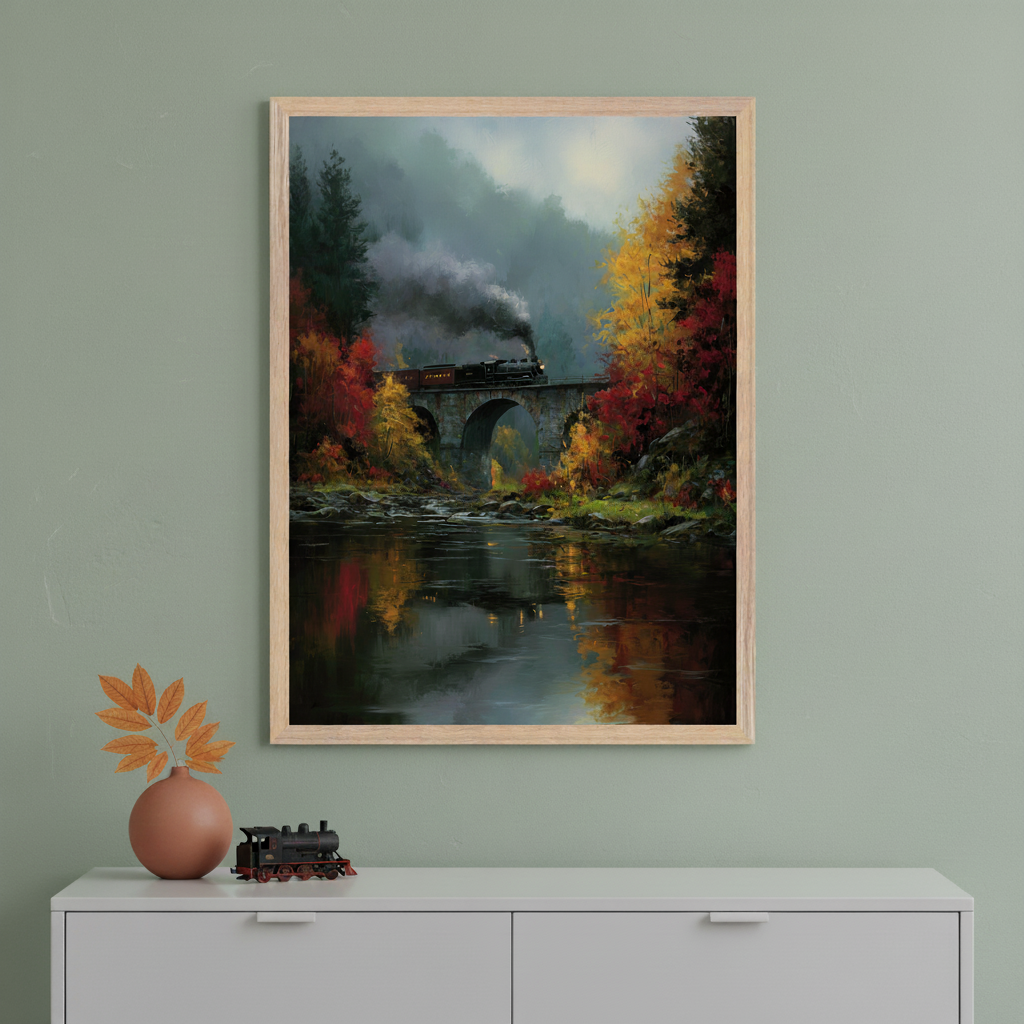 Framed painting of a steam train crossing a stone bridge surrounded by vibrant autumn trees, with rich red, orange, and yellow foliage reflecting in the calm river below. The scene is moody and atmospheric with misty mountains in the background, and the print rests on a cozy textured rug beside wooden puzzle pieces and bubble wrap.