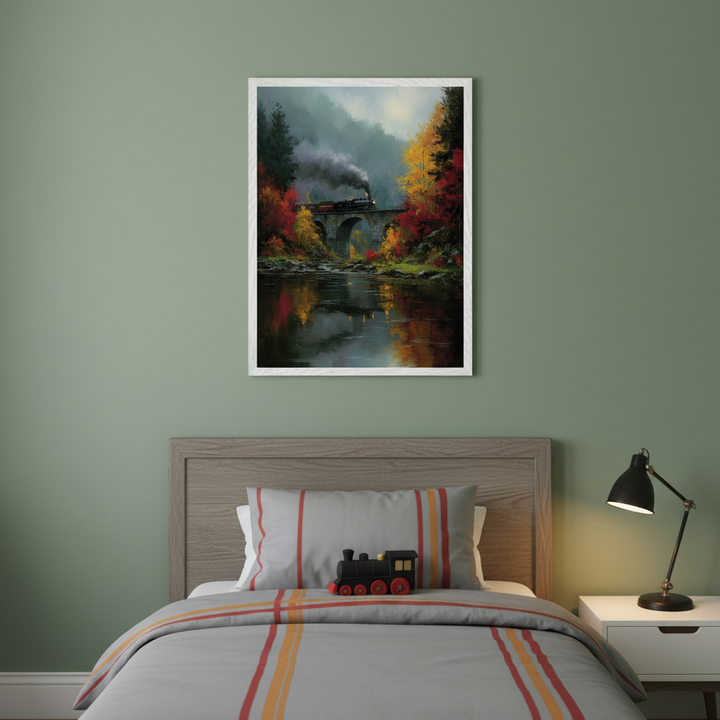 Kid's bedroom with a wooden bed and gray striped bedding. A framed realistic painting of a steam train on a bridge over a river with autumn trees hangs above the bed. A nightstand with a lamp is on the right.