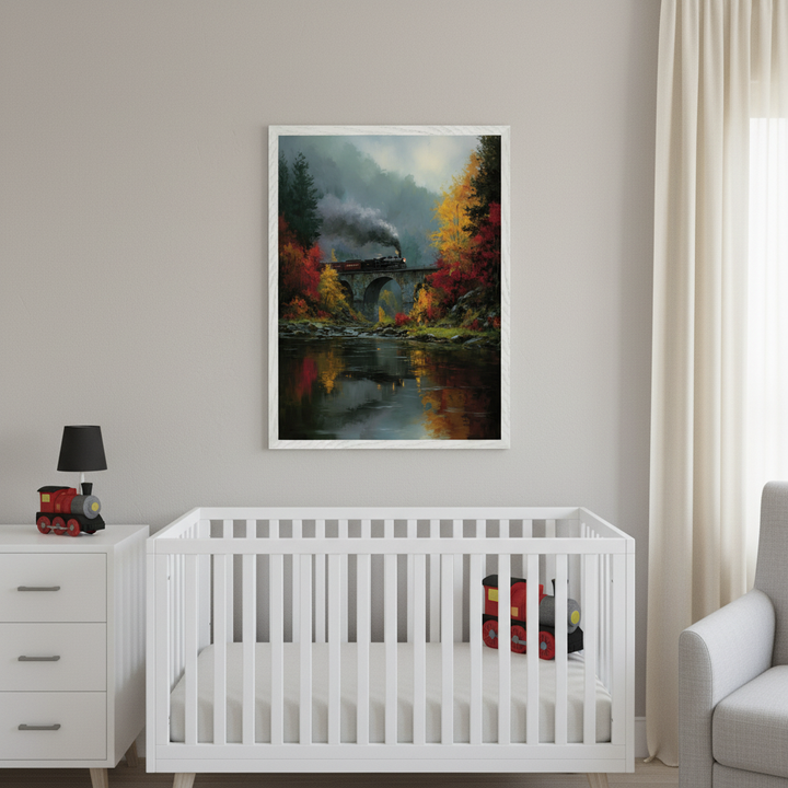 Modern nursery with a white crib, dresser with a black lamp, and armchair. A large framed painting of a steam train on an arched bridge with autumn trees reflecting in a river hangs above the crib. A small red train toy is in the crib and on the dresser.