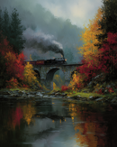 A steam locomotive crosses a stone bridge, emitting dark smoke, amidst a vibrant autumn landscape with red and yellow foliage, reflecting beautifully in a calm river below.