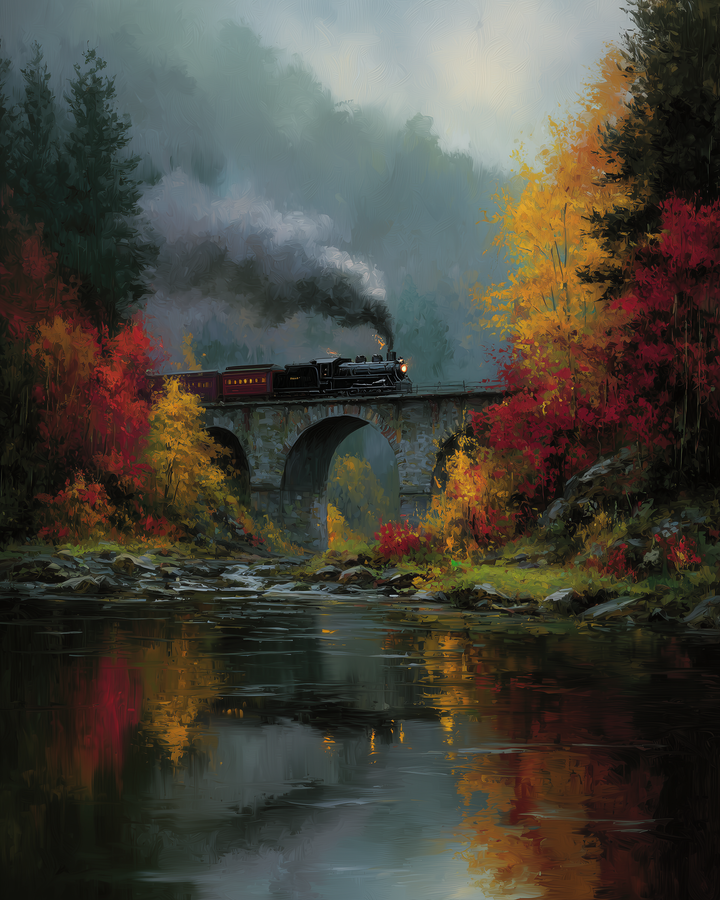 A steam locomotive crosses a stone bridge, emitting dark smoke, amidst a vibrant autumn landscape with red and yellow foliage, reflecting beautifully in a calm river below.
