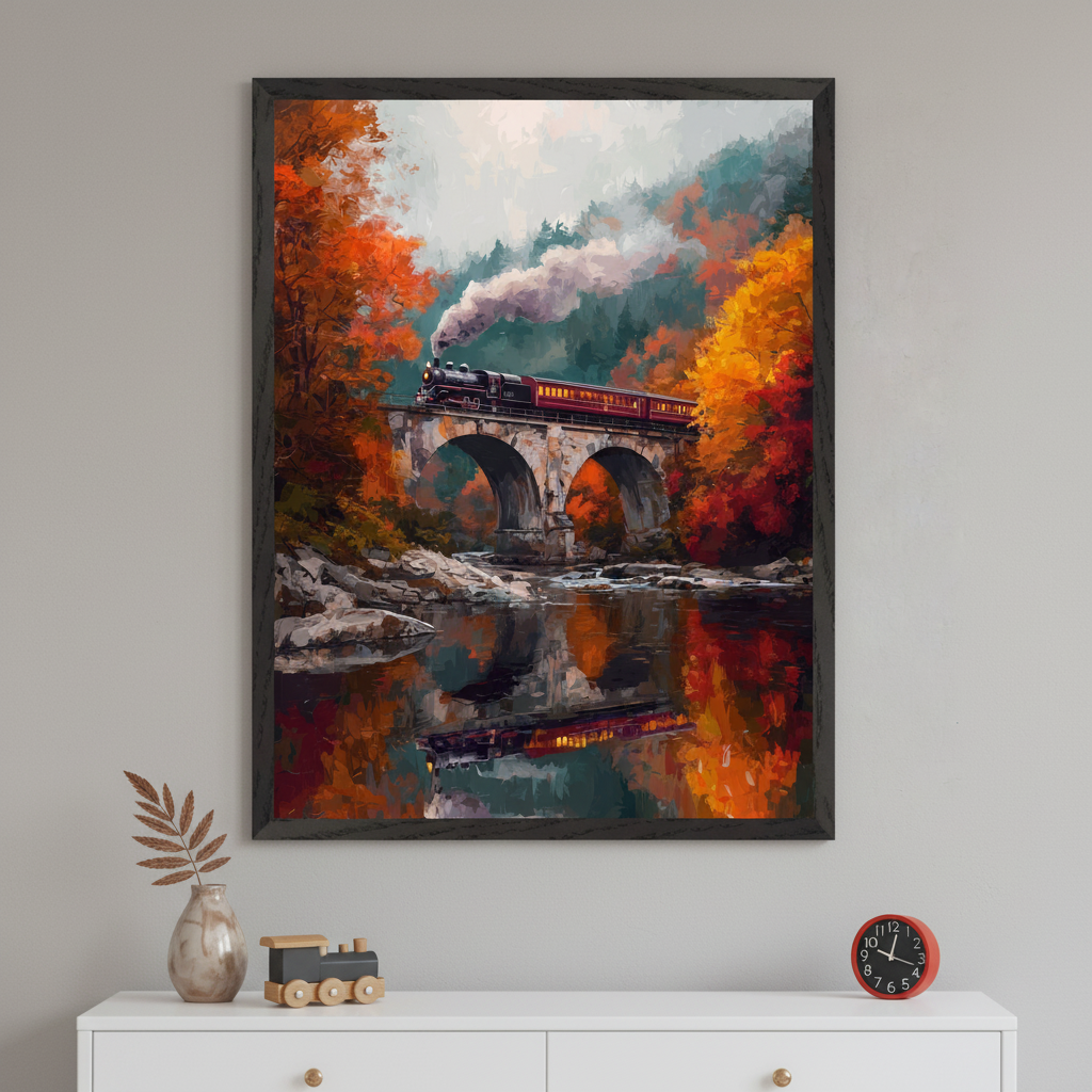 A vintage steam train crosses an arched stone bridge surrounded by vivid autumn foliage, with smoke trailing into a misty sky and a colorful reflection visible in the river below. The artwork leans against a cushioned bench on a tiled floor, near a plush white teddy bear.