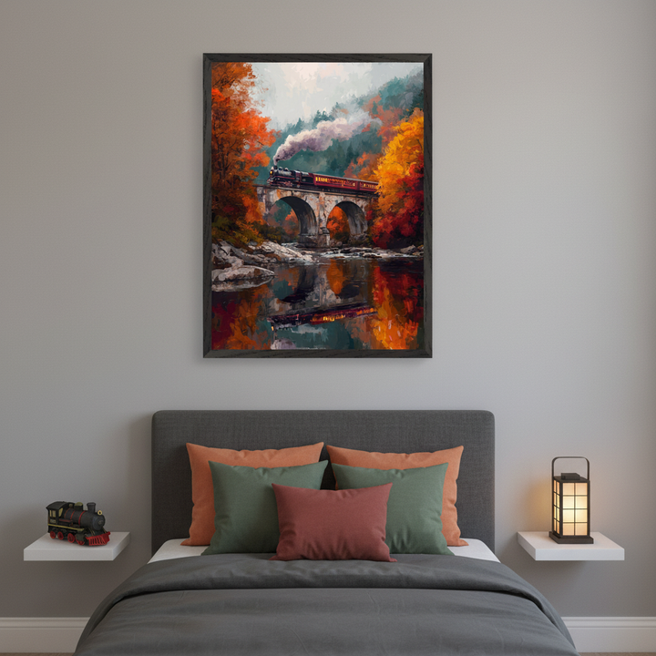 Modern bedroom with a gray upholstered bed. A large framed painting of a train on a stone bridge, with autumn trees reflecting in the river below, hangs centered above the bed. White nightstands hold a toy train and a lantern.