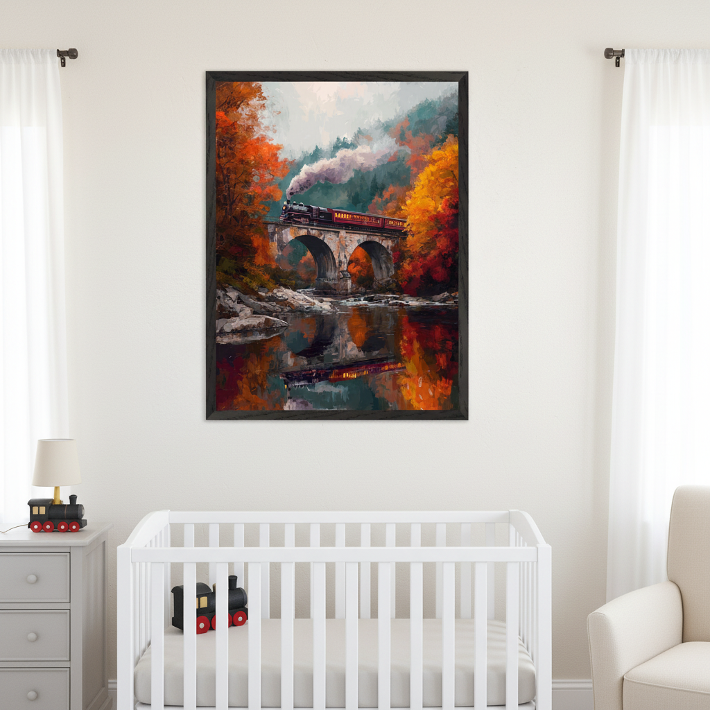 Bright modern nursery with a white crib, gray dresser, and beige armchair. A large framed painting hangs above the crib, depicting a steam train crossing a stone bridge over a river, surrounded by vibrant autumn trees, reflected in the water. The art has a painterly style.