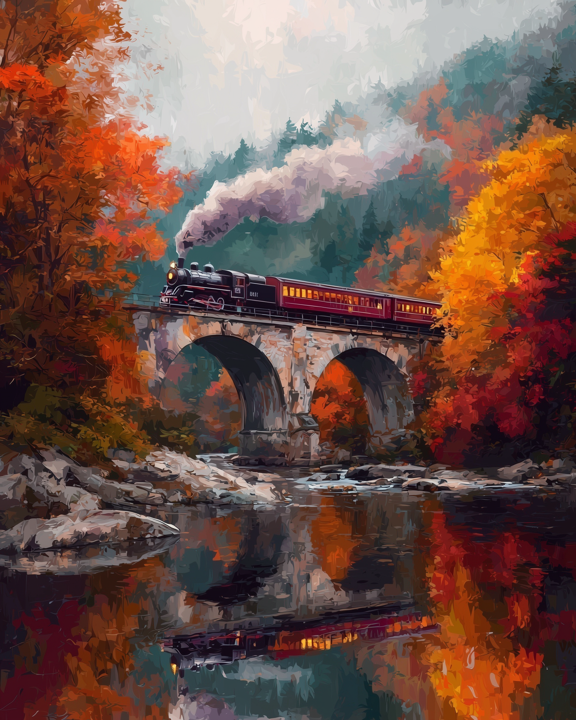 A vintage steam locomotive with maroon carriages crosses a stone arch bridge over a tranquil river, surrounded by vibrant autumn foliage in shades of orange and red.