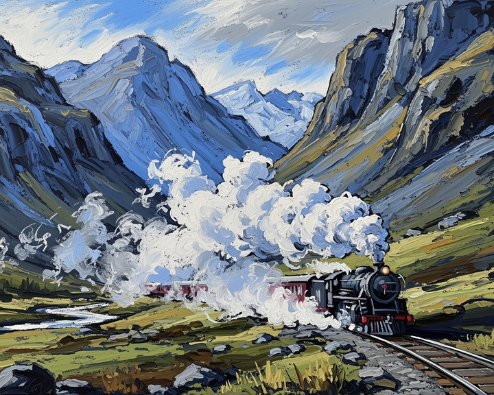 A steam locomotive travels through a scenic mountain landscape, emitting billows of white smoke. The train winds along tracks surrounded by lush green valleys and towering, rugged peaks under a bright blue sky.