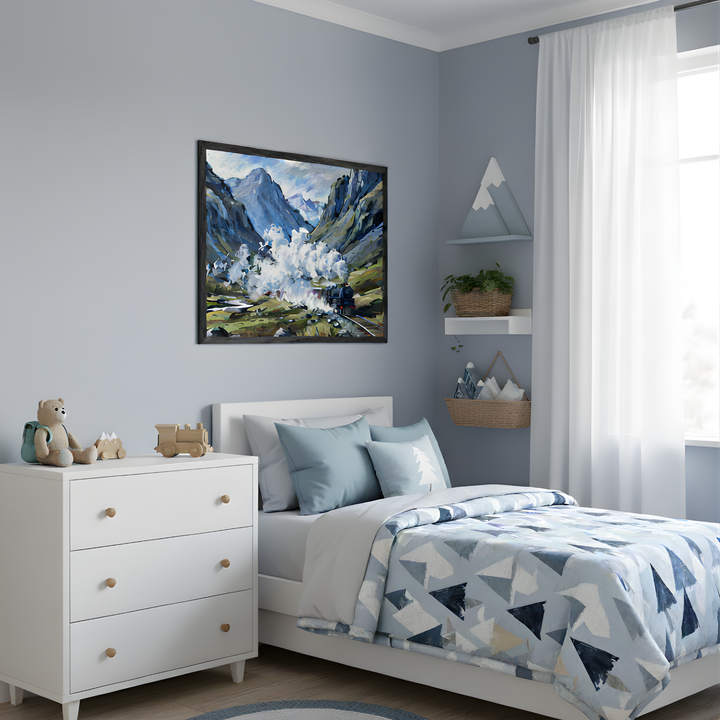 Mountain-themed kids' bedroom with soft blue walls featuring a framed painting of a steam train releasing white smoke as it travels through a dramatic alpine valley. The room includes a white bed with geometric mountain-print bedding, a matching dresser with wooden toys, and wall decor inspired by nature.
