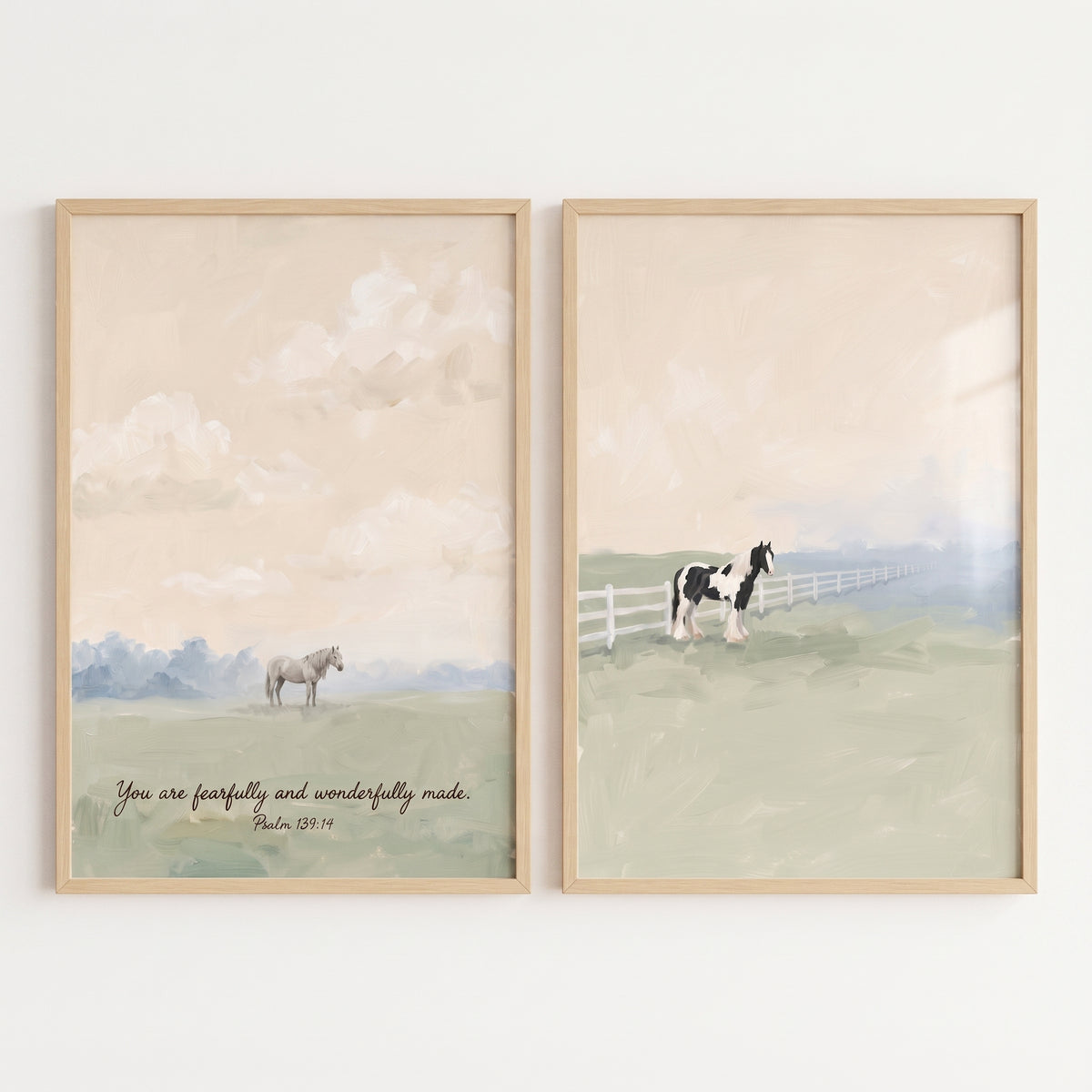 Tranquil country field horse wall art set of 2 depicts horses in soft pastures with Psalm 139:14 and light wood frames.