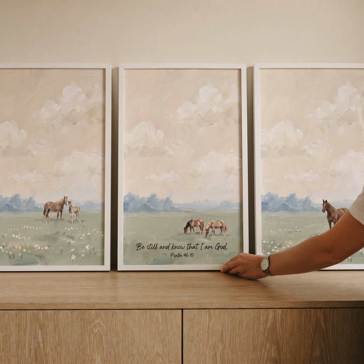 Tranquil country field horses print set of 3 depicts horses in a meadow under a cloudy sky with bible scripture text.