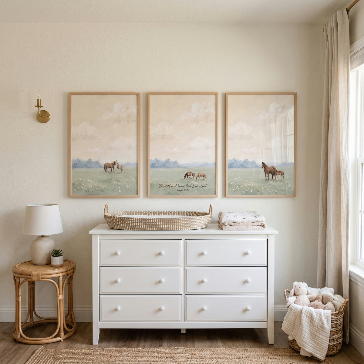 Tranquil Country Field Horses Print Set of 3 - Pastoral Peace Psalm