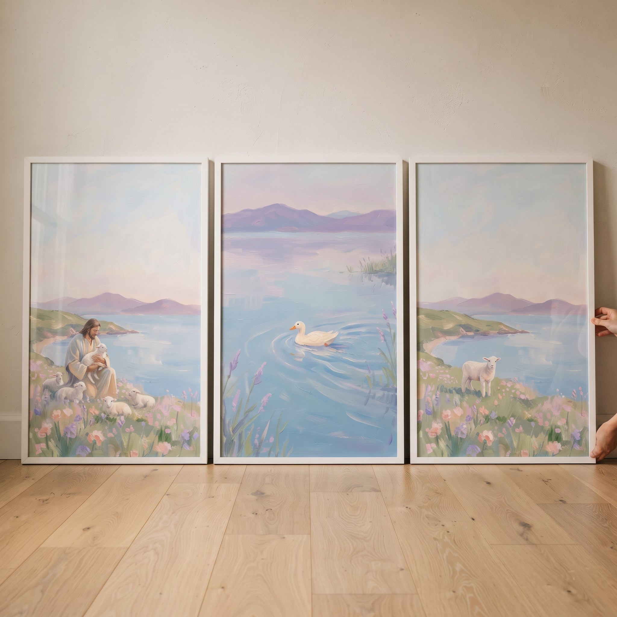 Tranquil Lilac Mountain Coastal Wall Art Set of 3 - Peaceful Lakeside Grace