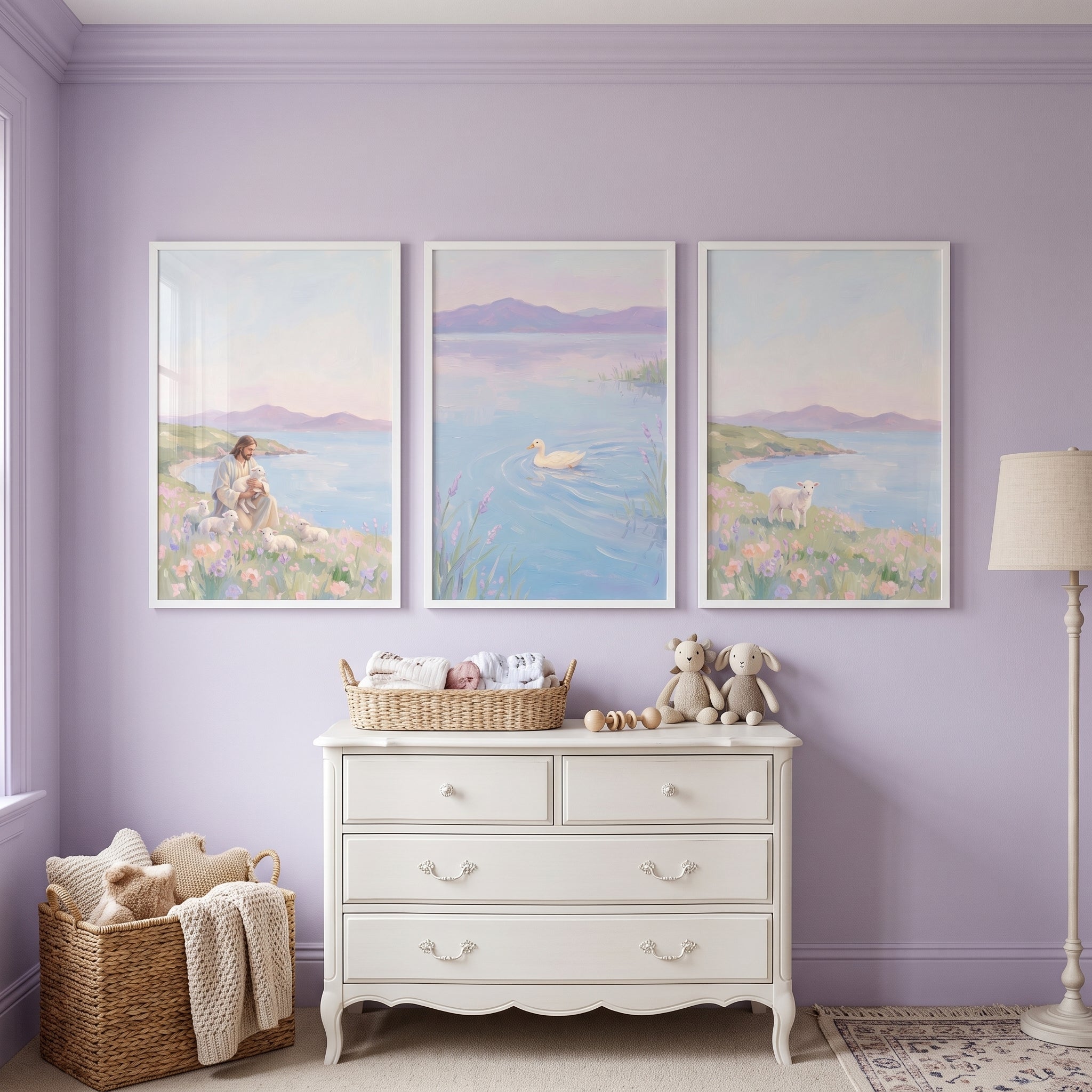 Tranquil Lilac Mountain Coastal Wall Art Set of 3 - Peaceful Lakeside Grace