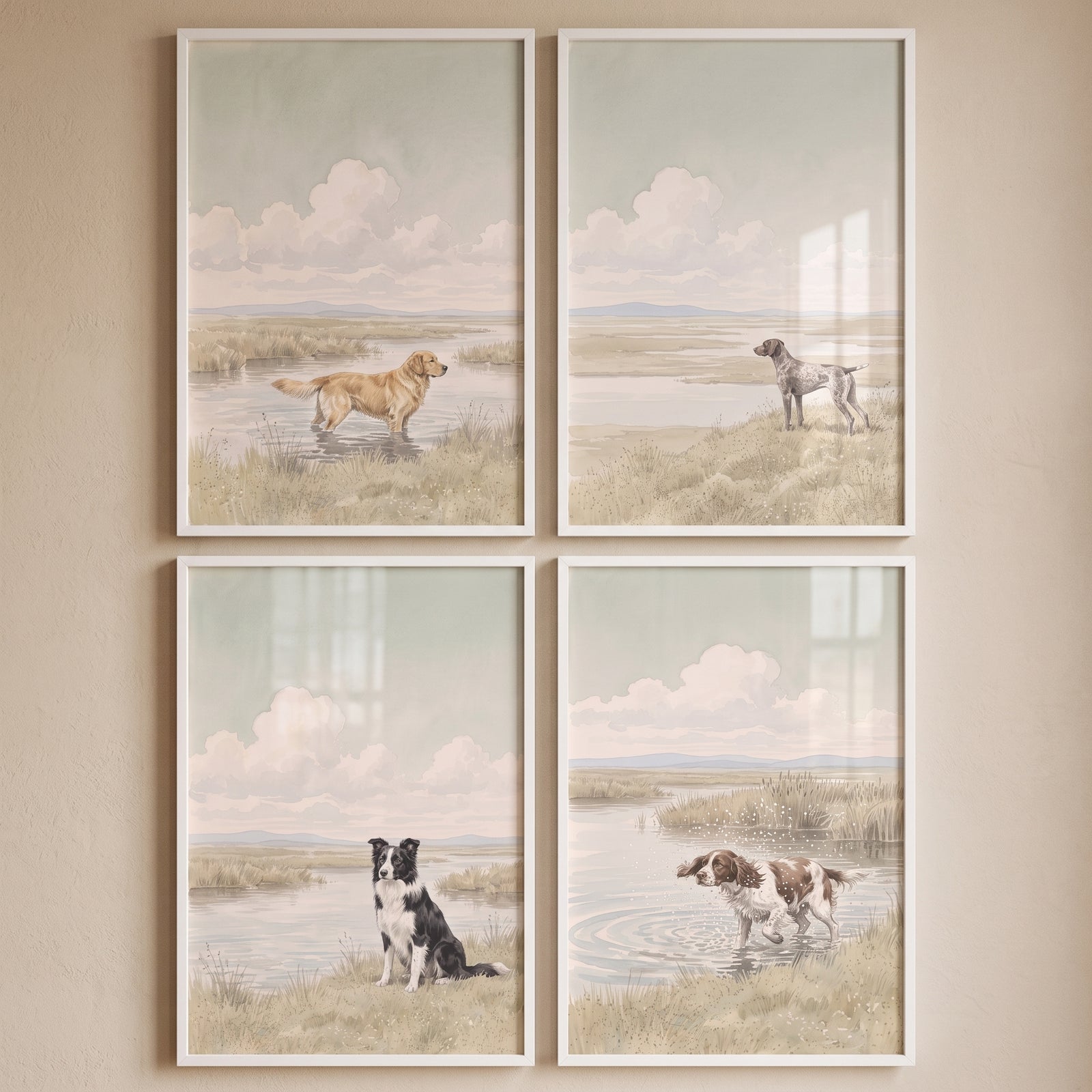 Tranquil marshland hunting dog wall art set of 4 features framed illustrations of four breeds in peaceful wetland settings.