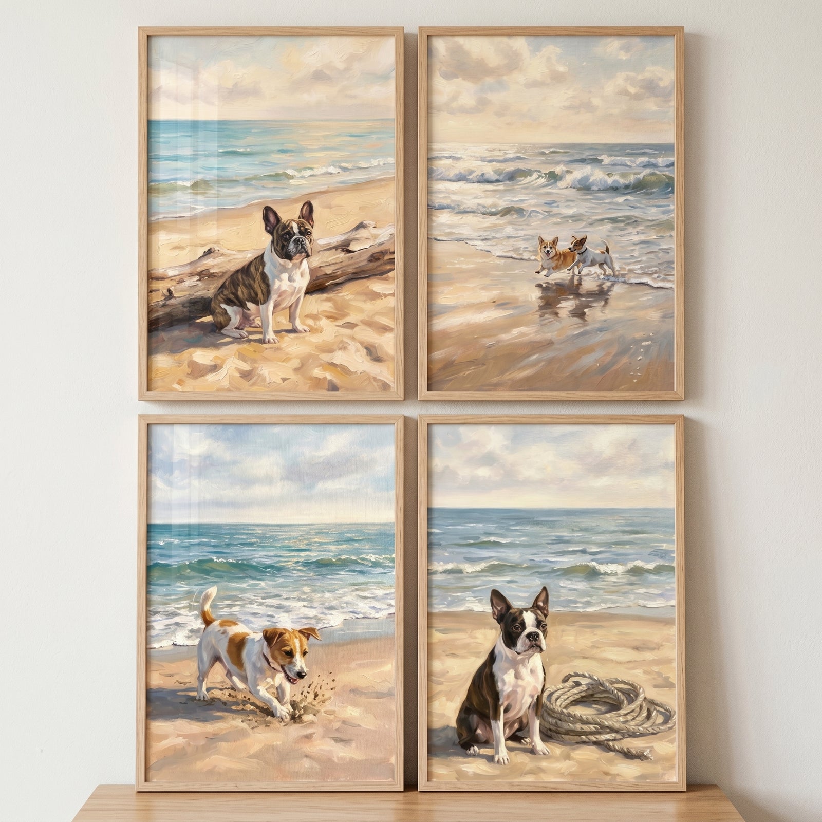 Tranquil ocean beach dogs wall art set of 4 featuring dogs resting and playing on sandy shores near blue coastal waves.