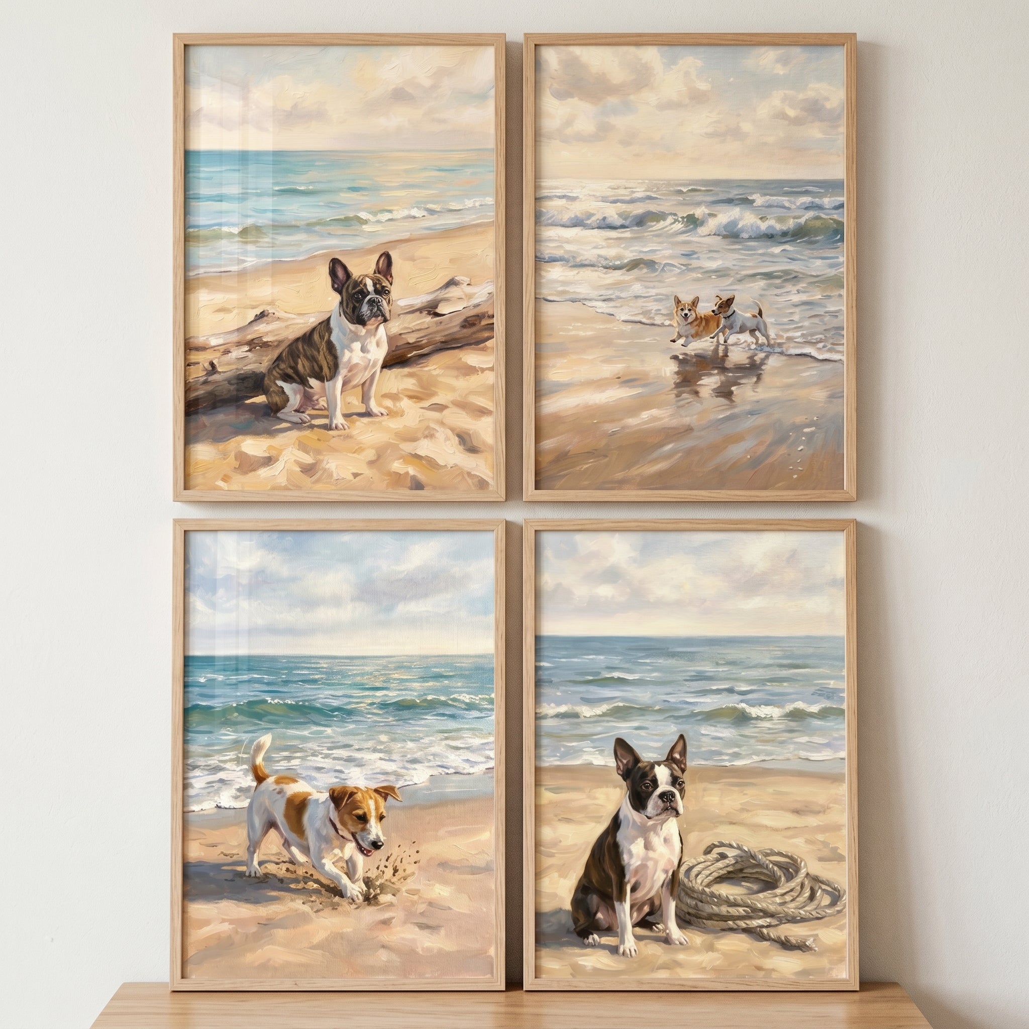 Tranquil Ocean Beach Dogs Wall Art Set of 4 - Sandy Paws Days