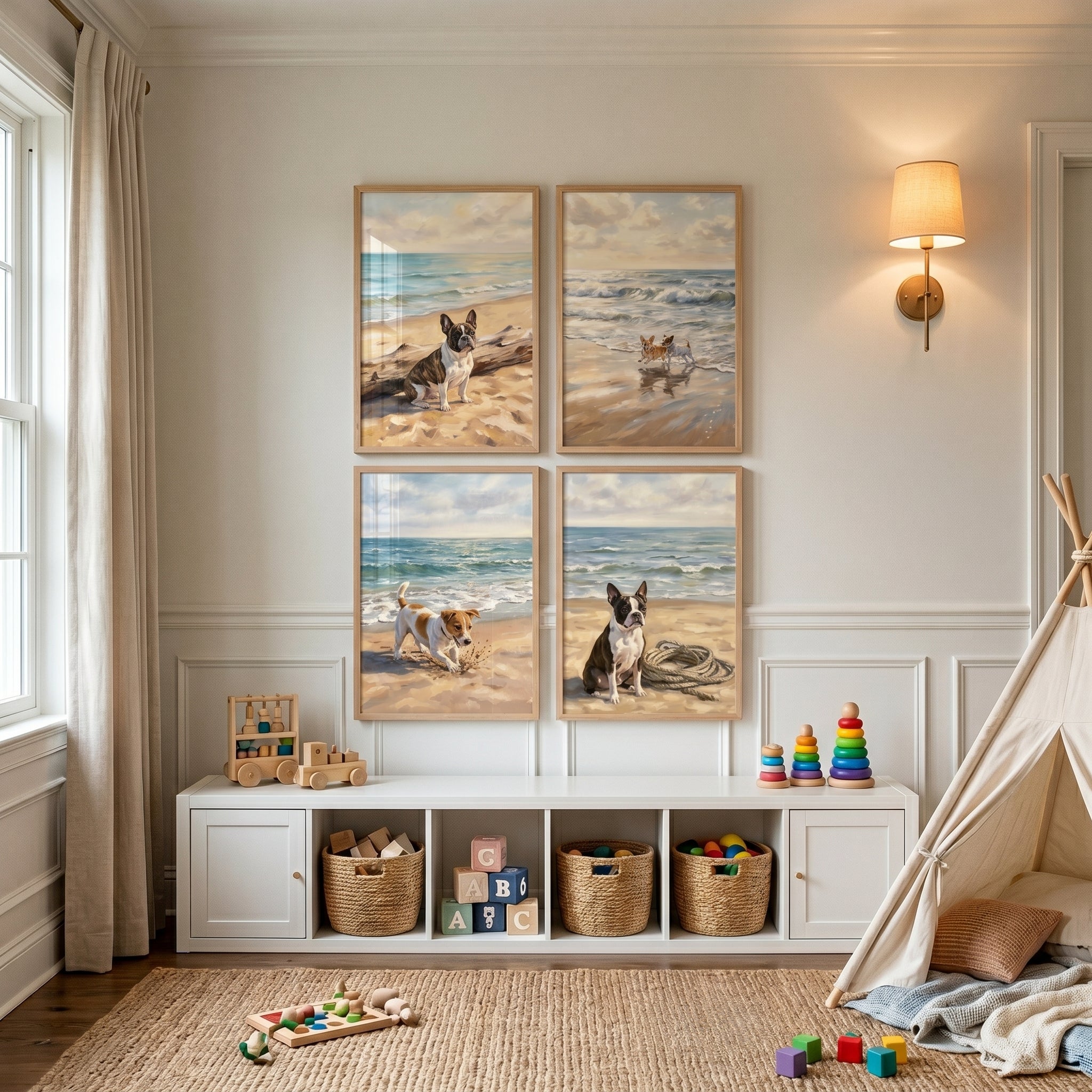 Tranquil Ocean Beach Dogs Wall Art Set of 4 - Sandy Paws Days