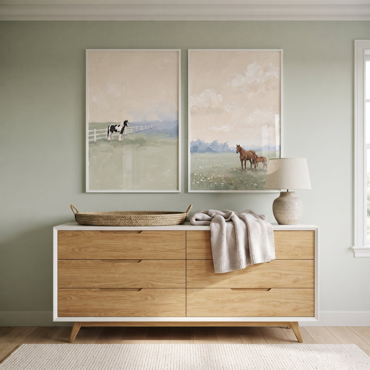 Tranquil Peach Sky Horse Wall Art Set of 2 - Pastel Meadow Horses