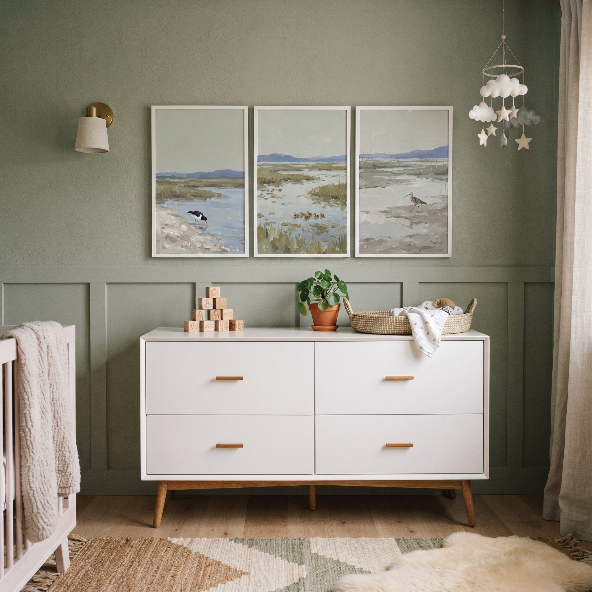 Tranquil Sage Coastal Bird Wall Art Set of 3 - Serene Marshland Birds