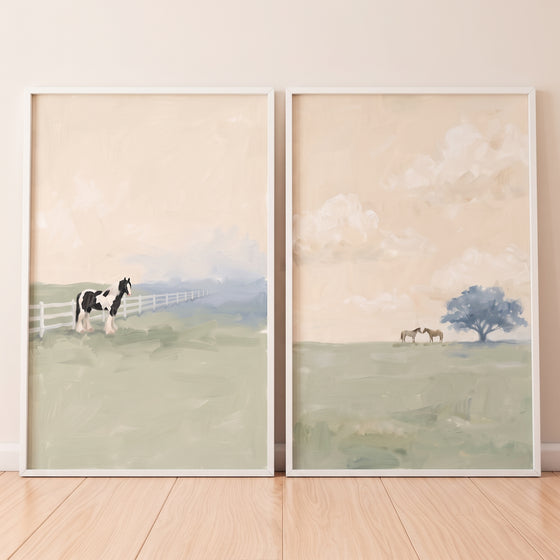 Tranquil sage pasture horse wall art set of 2 with horses in green fields by a white fence and blue tree under pale skies.