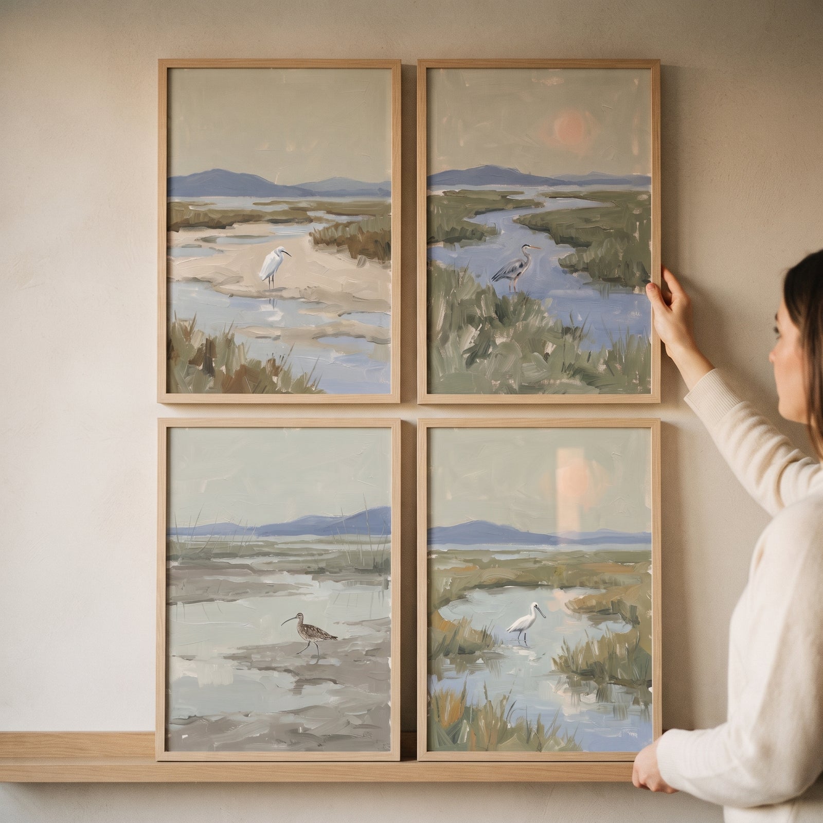 A woman adjusts a tranquil sage wetland bird wall art set of 4 displayed in thin wooden frames.