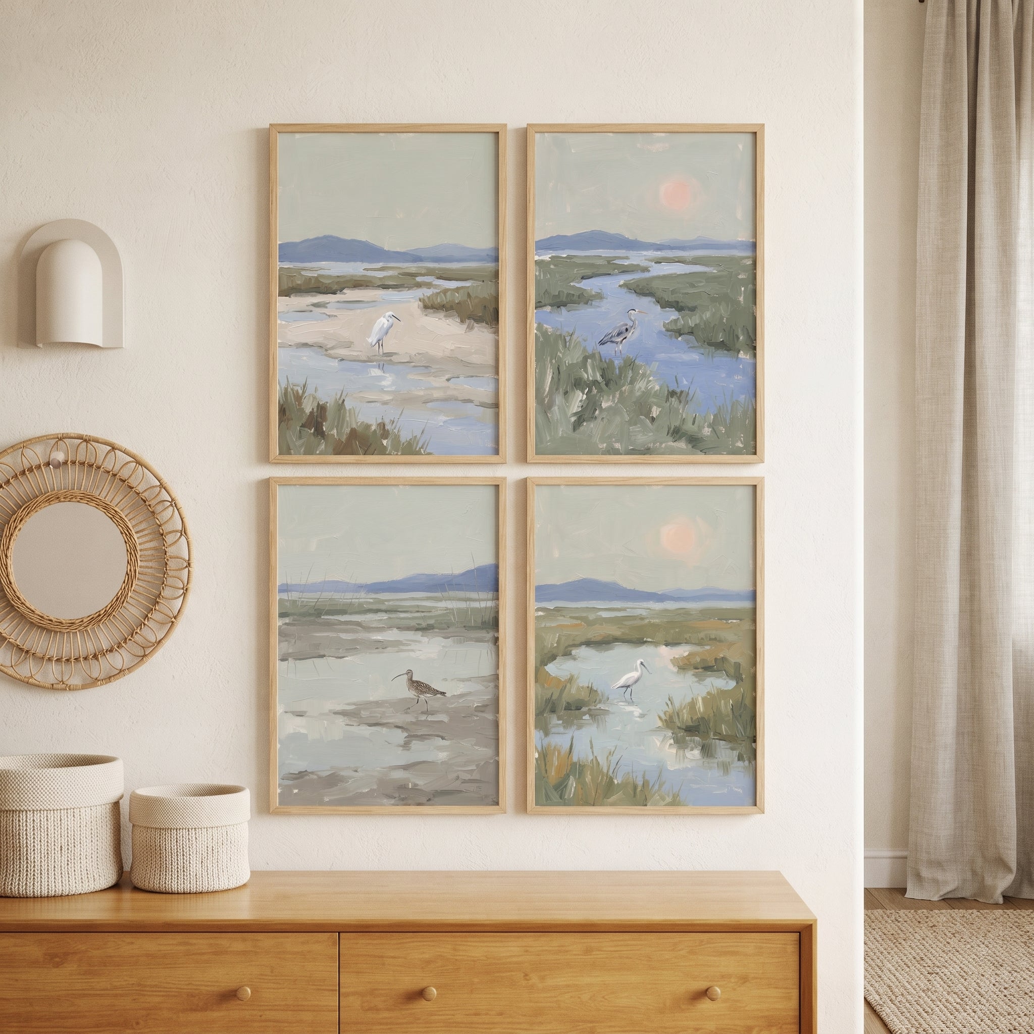 Tranquil Sage Wetland Bird Wall Art Set of 4 - Coastal Wetland Study