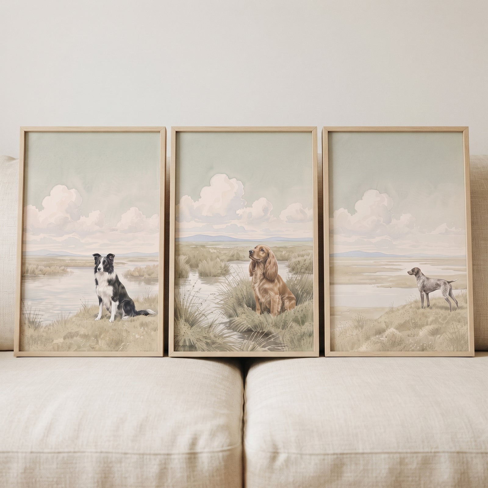 Tranquil scenic wetland dog wall art set of 3 shows three dogs in soft nature scenes leaning against a neutral couch.