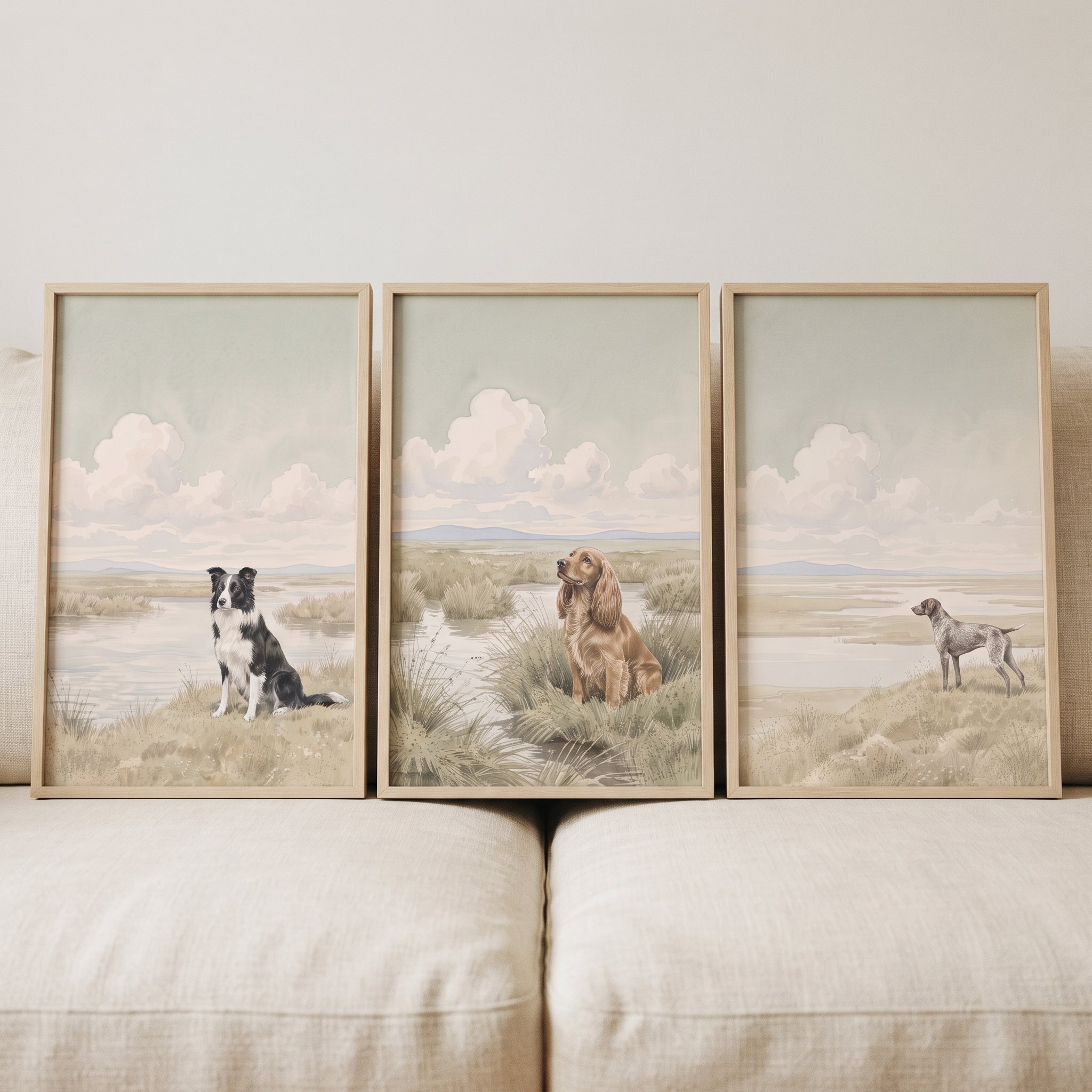 Tranquil Scenic Wetland Dog Wall Art Set Of 3 - Canine Marsh Watchers