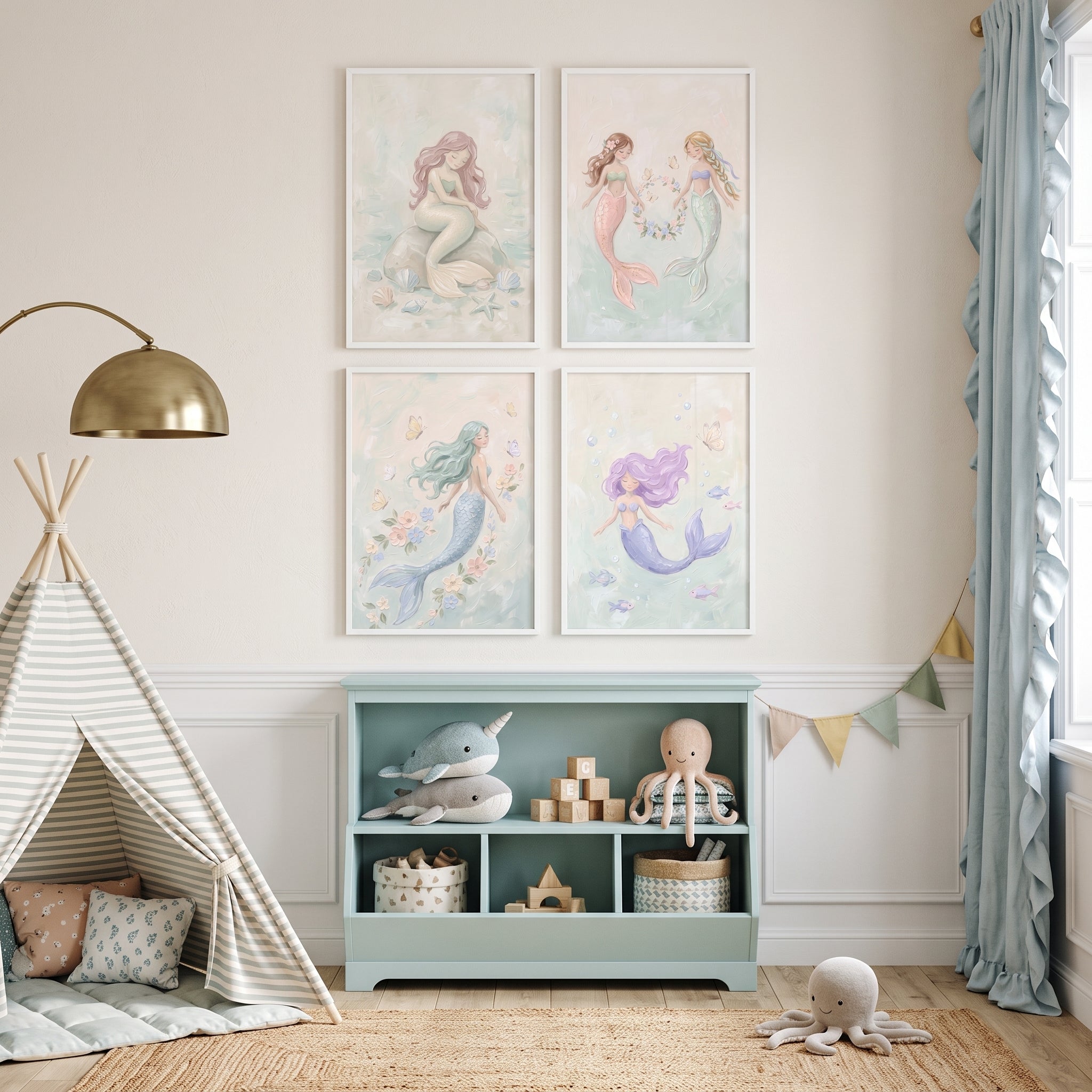 Tranquil Whimsical Pastel Mermaid Wall Art Set of 4 - Whimsical Ocean Maidens