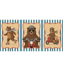Vintage style three panel illustration of bears framed in ornate cream panels against blue and white striped backgrounds. The left bear glides on roller skates wearing a colorful scarf, the center bear rides a red scooter in a gray cap and round black glasses, and the right bear drives a small red scooter while a fox sits in a wooden sidecar wearing a striped scarf.

