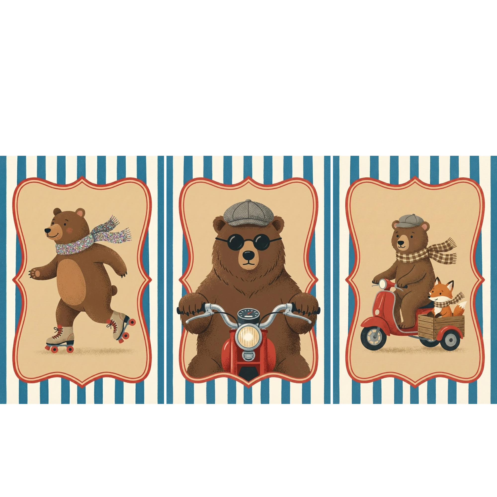 Vintage style three panel illustration of bears framed in ornate cream panels against blue and white striped backgrounds. The left bear glides on roller skates wearing a colorful scarf, the center bear rides a red scooter in a gray cap and round black glasses, and the right bear drives a small red scooter while a fox sits in a wooden sidecar wearing a striped scarf.
