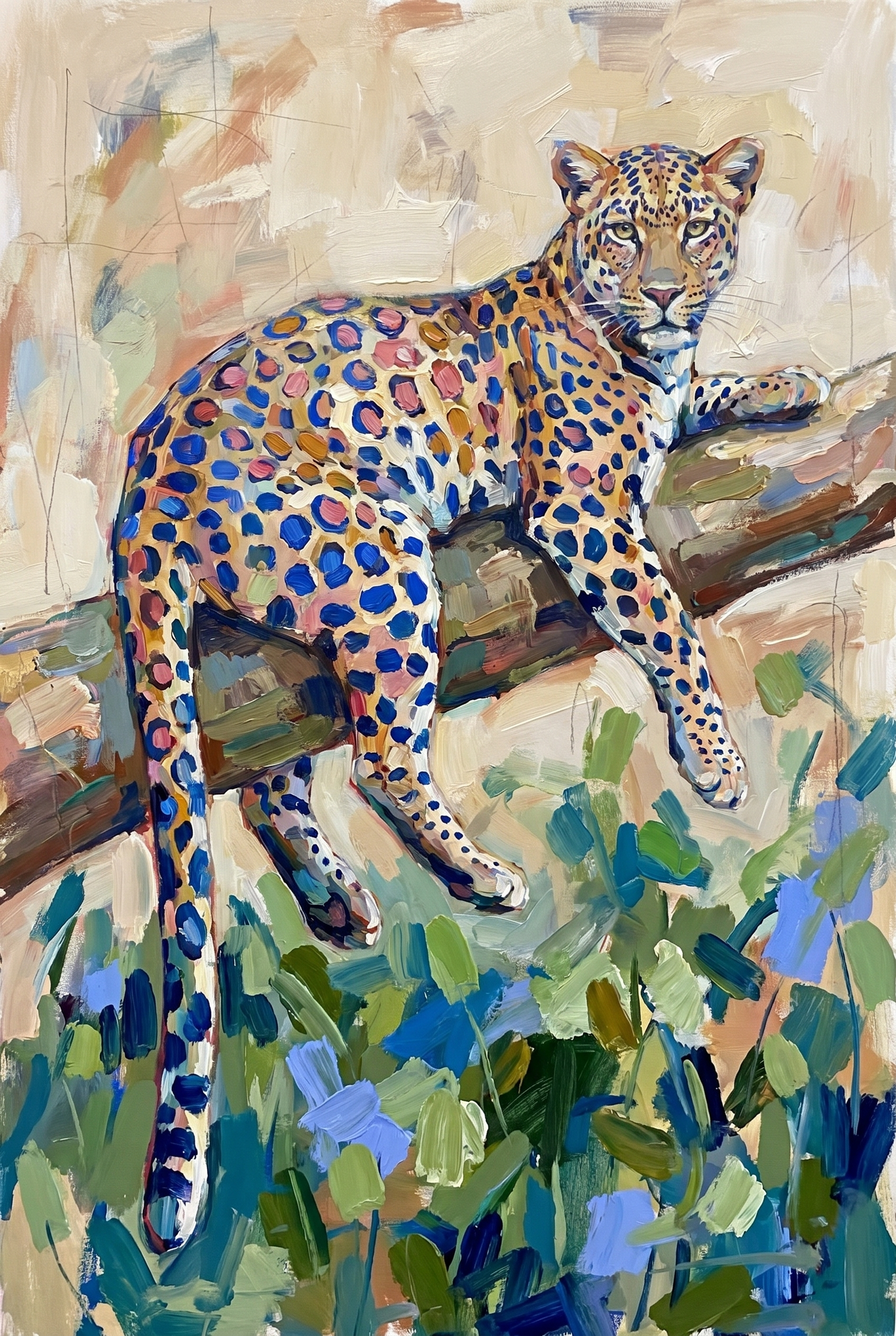 Tree Branch Resting Leopard Artwork - Vibrant Wild Gaze