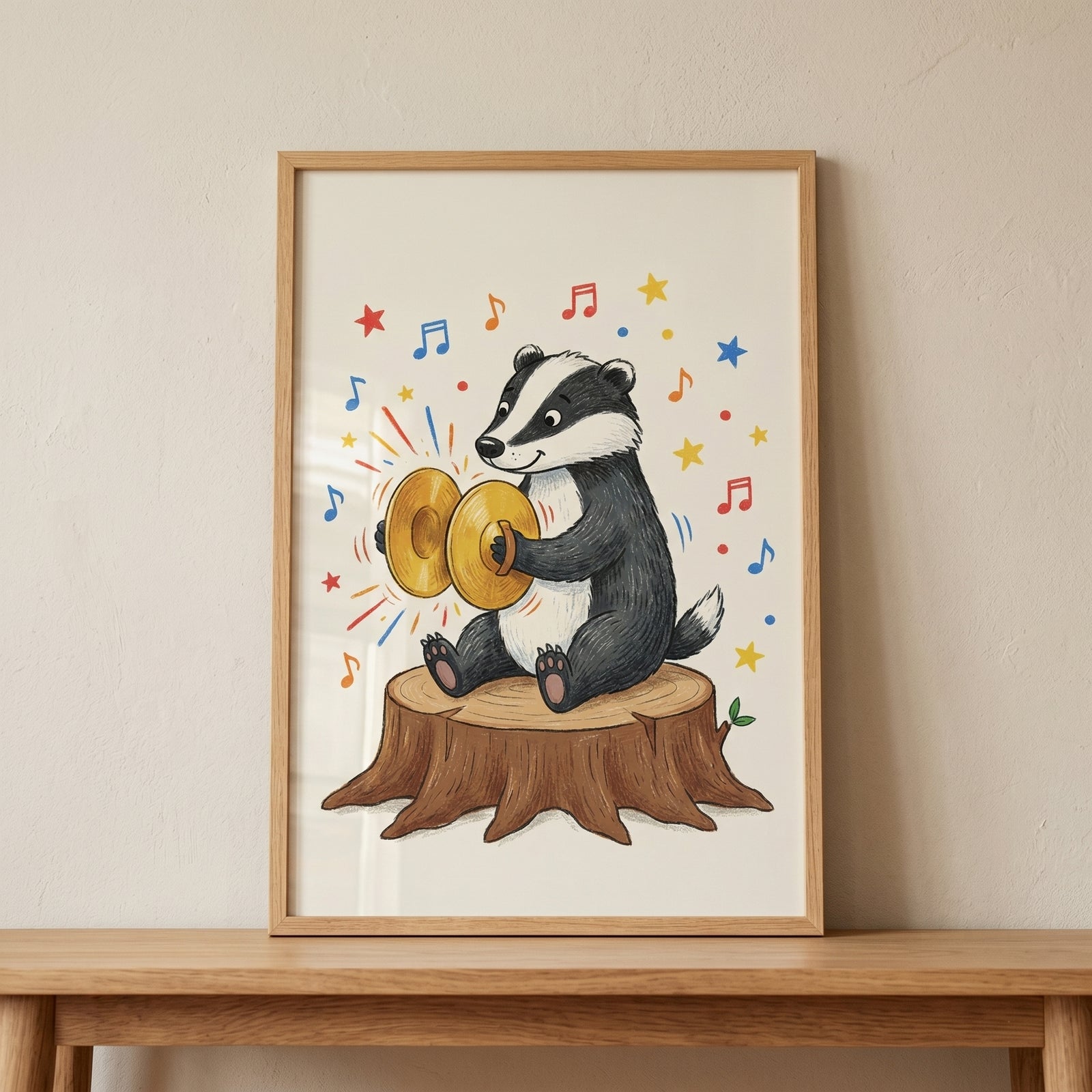 Framed tree stump musical badger print of a cute badger playing cymbals, surrounded by colorful musical notes and stars.