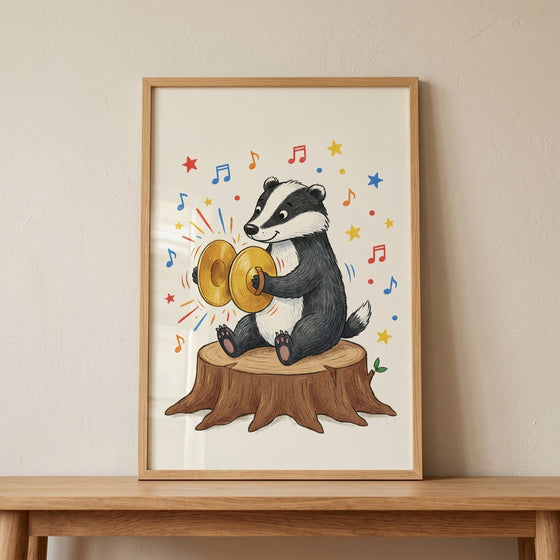 Framed tree stump musical badger print of a cute badger playing cymbals, surrounded by colorful musical notes and stars.