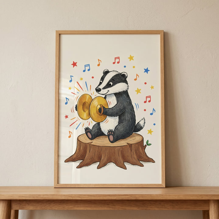 Framed tree stump musical badger print of a cute badger playing cymbals, surrounded by colorful musical notes and stars.
