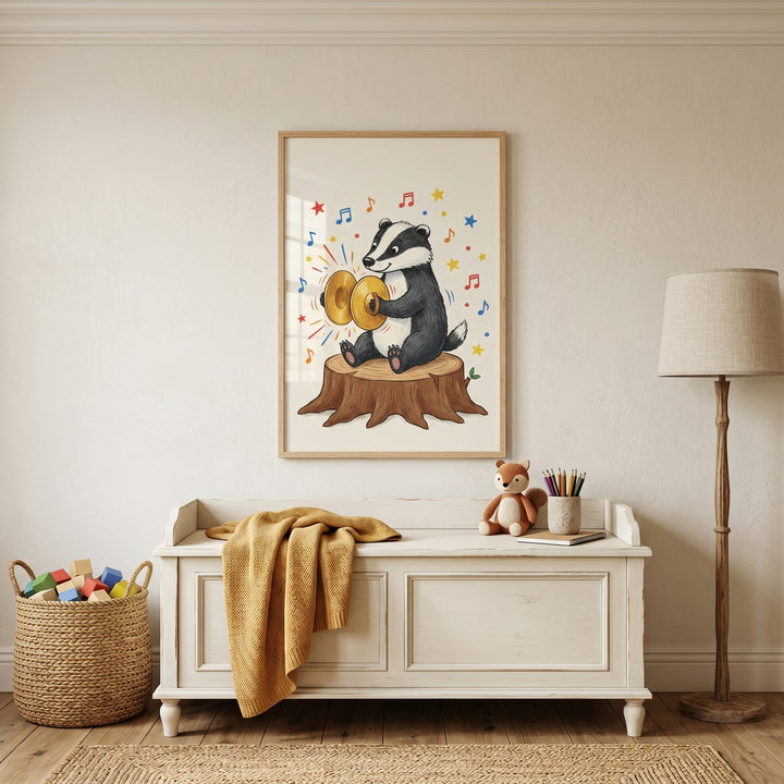 Tree stump musical badger print hangs above a white bench with a yellow blanket, stuffed fox, floor lamp, and toy basket.