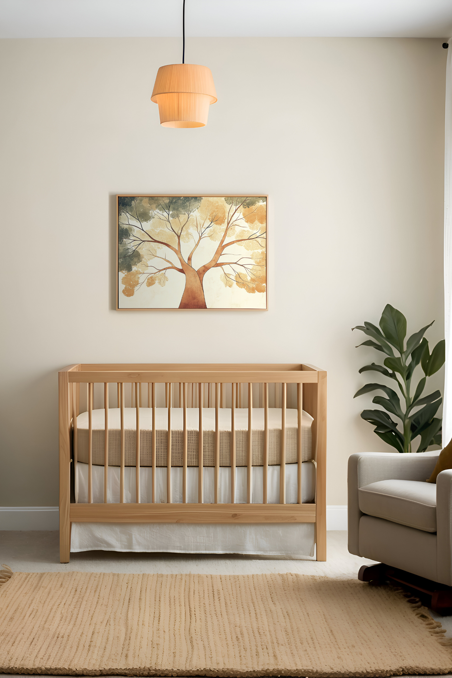Warm, minimalist nursery featuring a wooden crib, cozy textures, and neutral tones. Above the crib, there's a framed watercolor-style artwork of a large tree with branches extending outward, showcasing soft autumn shades.