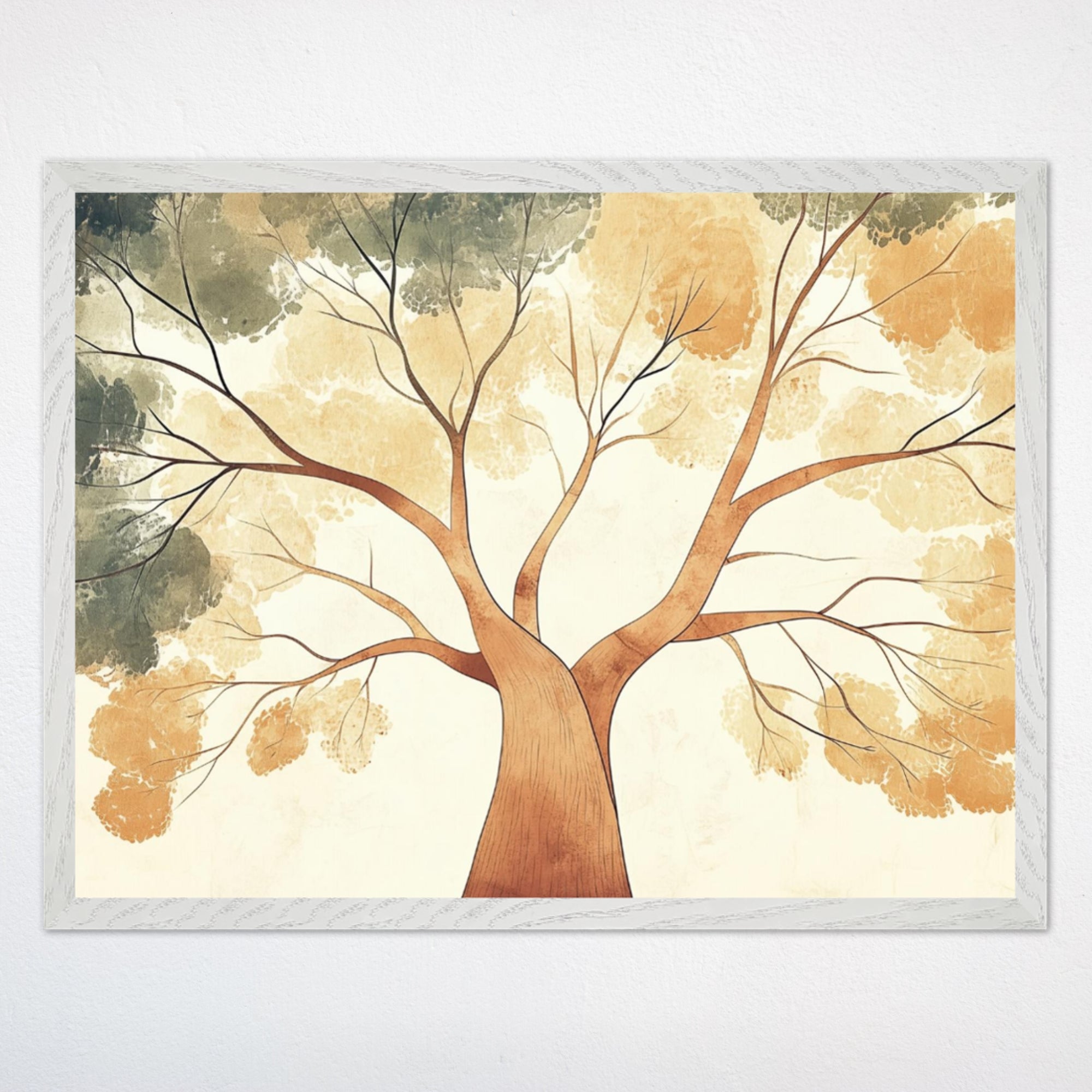 A framed artwork featuring a watercolor-style tree with branches gracefully spreading out. The colors are gentle, blending shades of earthy greens, soft yellows, and muted oranges, ideal for creating a calm atmosphere.