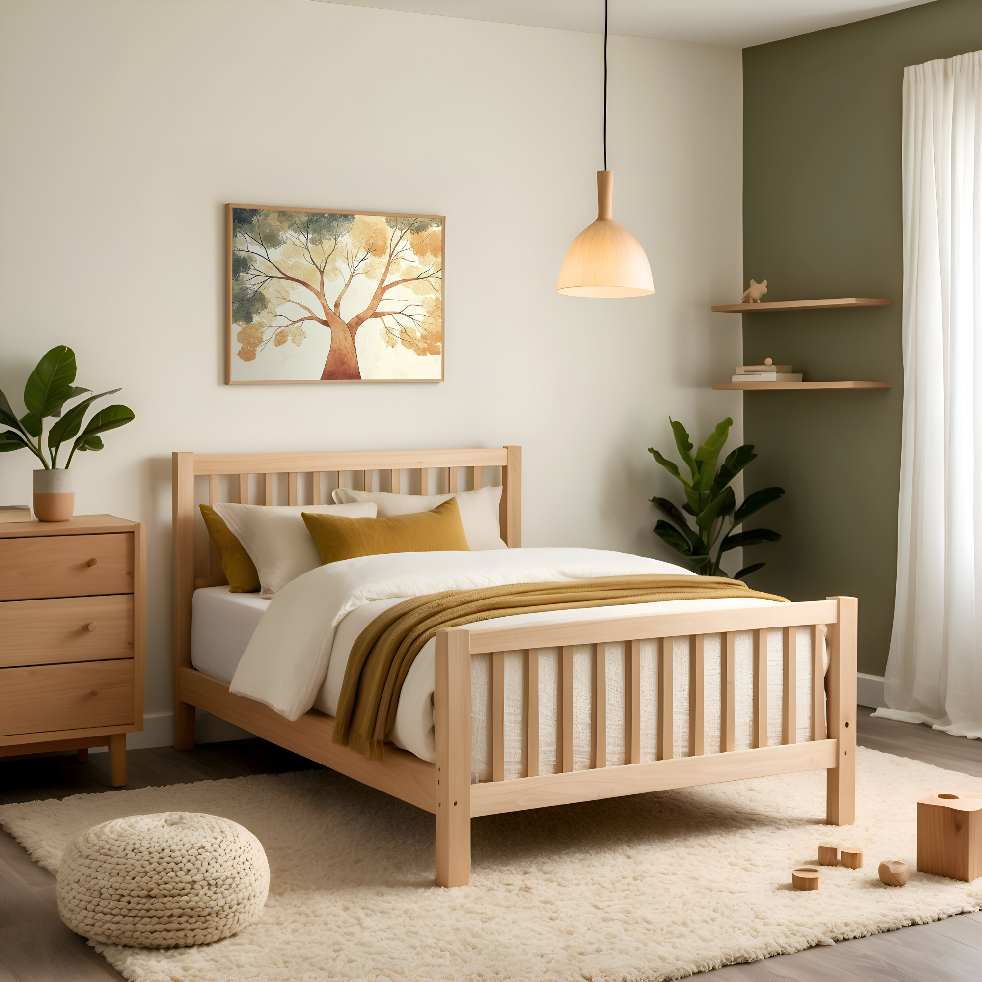 Peaceful children's bedroom decorated in neutral tones, featuring wooden furniture, plush bedding, and soft textiles. Above the bed hangs a calming framed artwork of a watercolor tree with expansive branches in shades of greens and warm yellows.